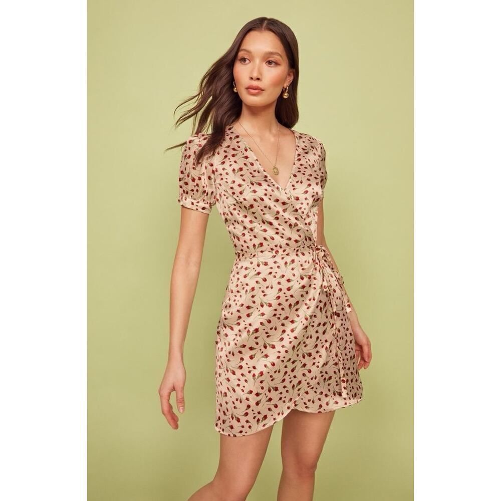 Reformation Cream Silk Mini Wrap Dress Rose Print Puff Sleeve V-Neck Size M